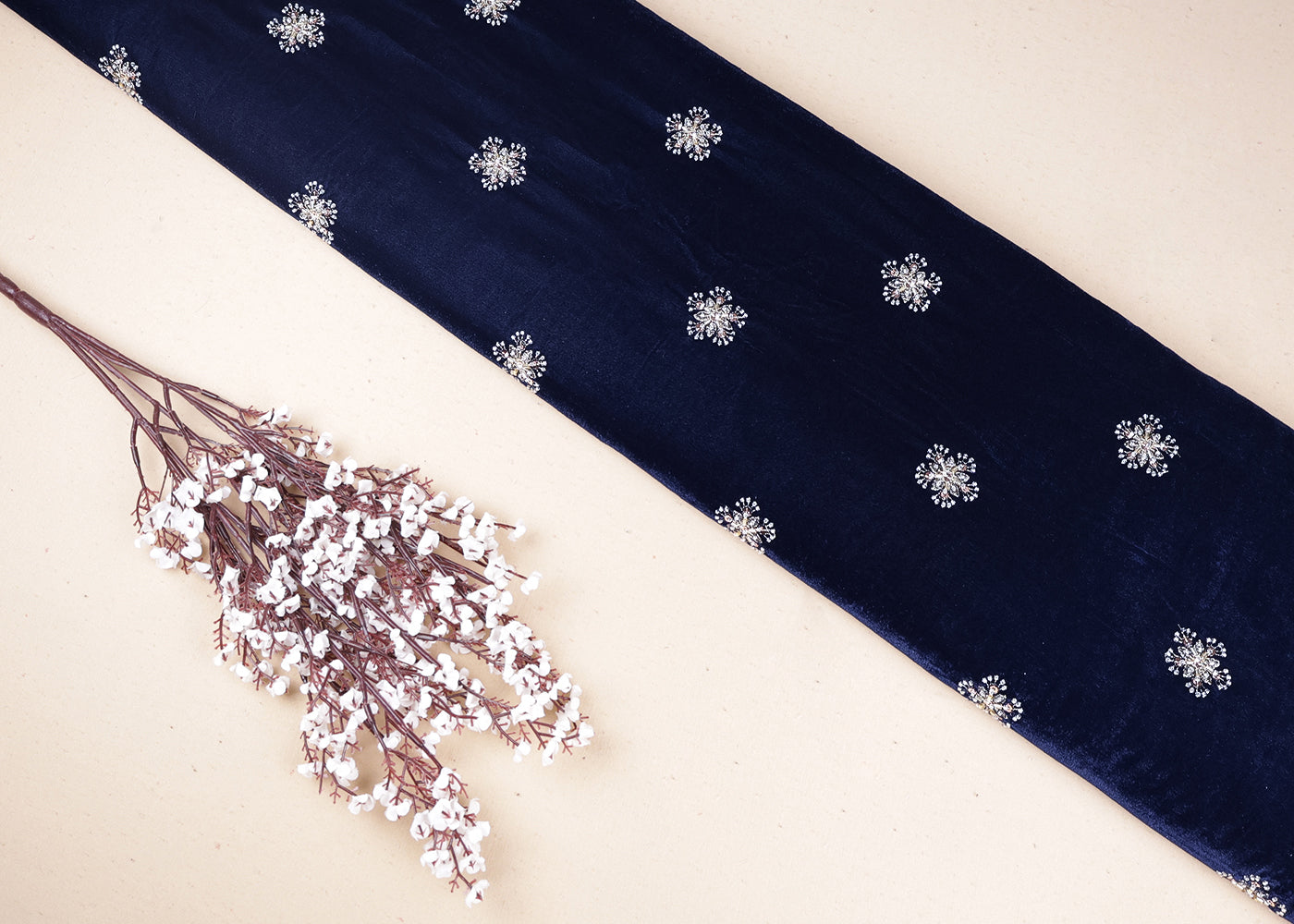 Navy Blue Velvet Fabric With All Over Zari, Bead, Katdana And Sequins Work 19378