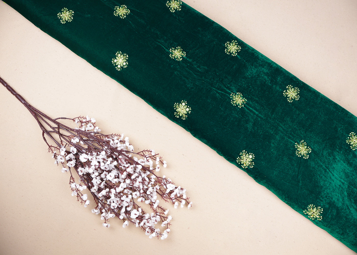 Green Velvet Fabric With All Over Zari, Bead, Katdana And Sequins Work 19380