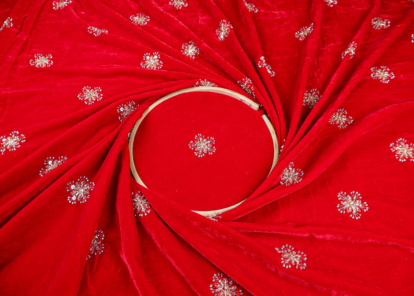 Red Velvet Fabric With All Over Zari, Bead, Katdana And Sequins Work 19381