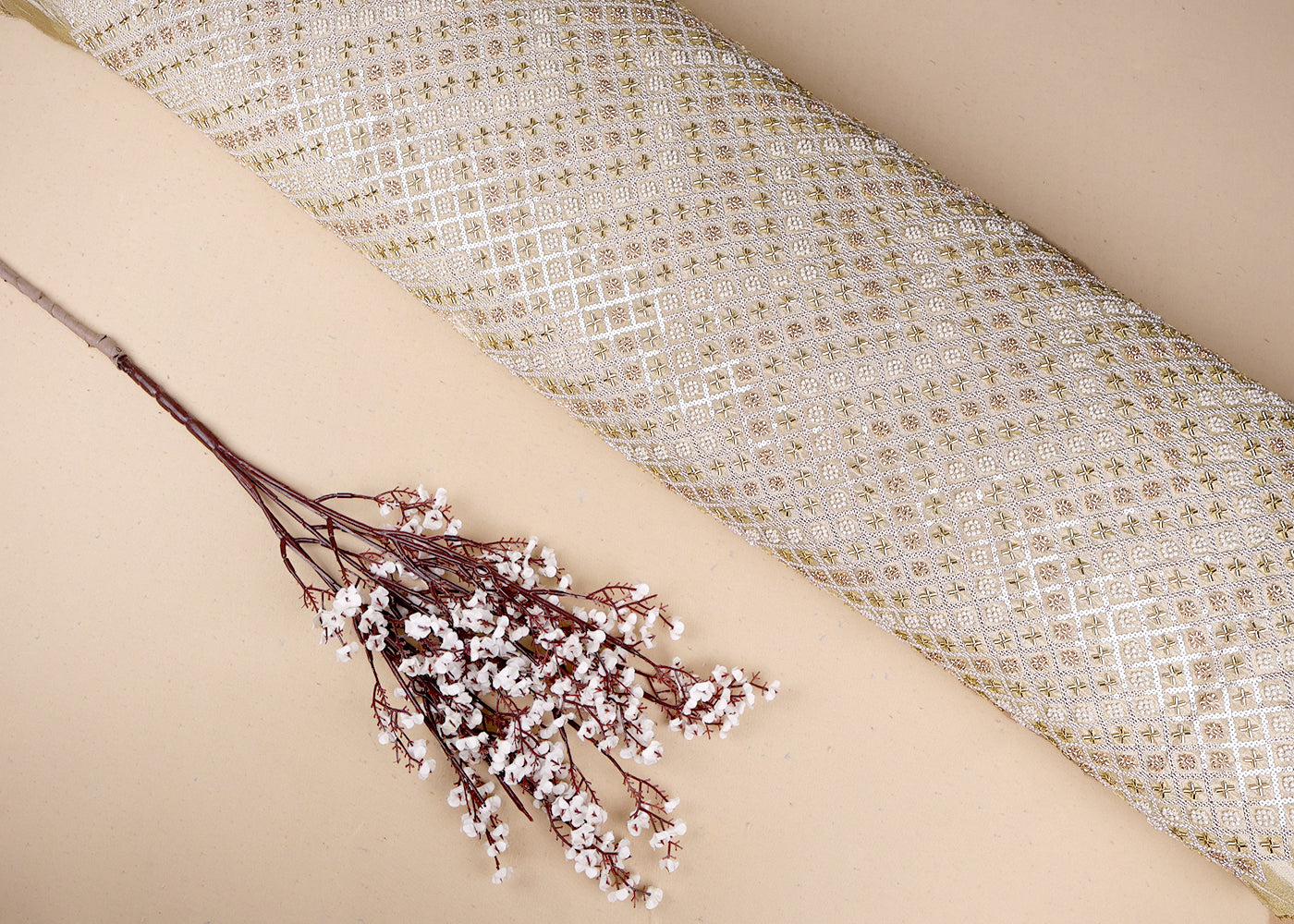 Golden Tissue Fabric With All Over Katdana, Bead And Sequins Work 19382