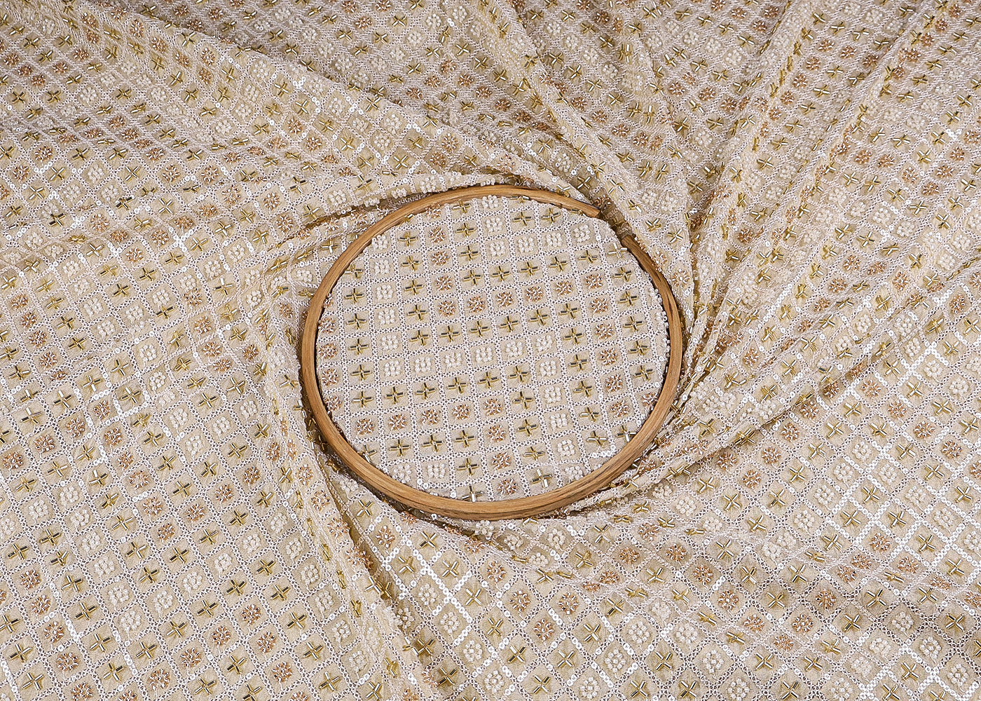 Golden Tissue Fabric With All Over Katdana, Bead And Sequins Work 19382