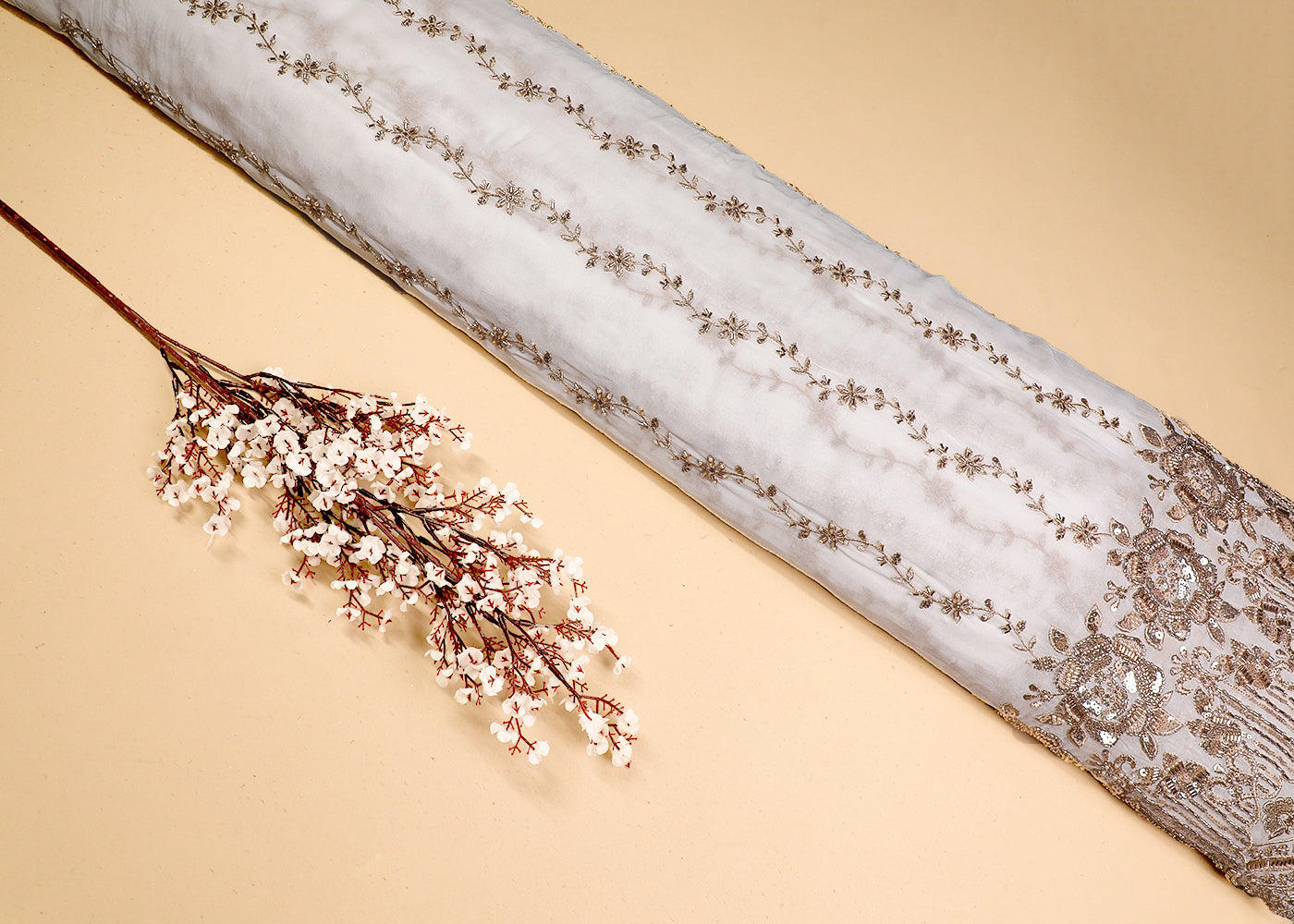 White Georgette Fabric With All Over Katdana, Sequins, Bead And Zari Work With One Side Border 19383