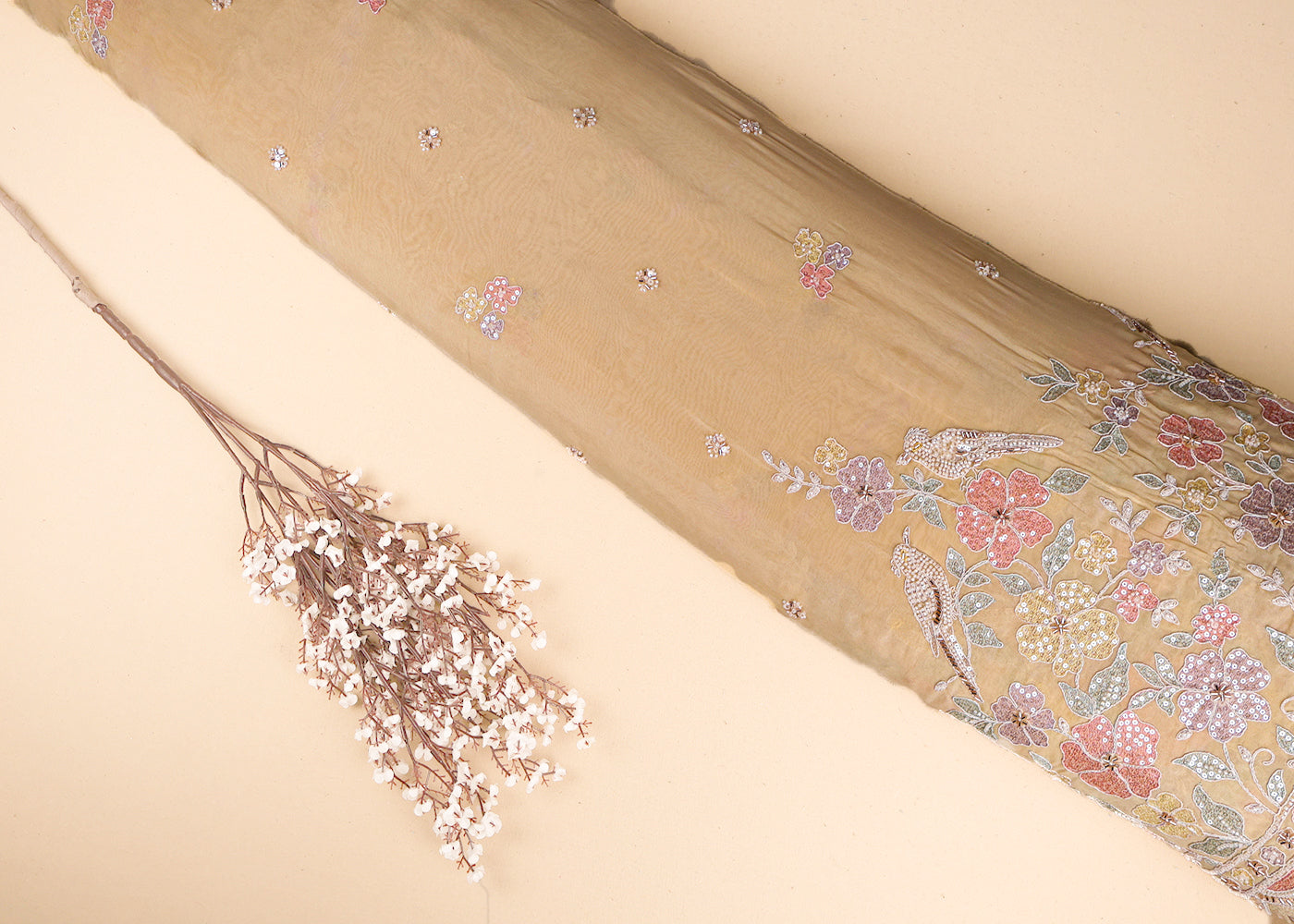 Pastel Yellow Organza Fabric With All Over Thread, Sequins And Katdana Work With One Side Scalloped Border 19385