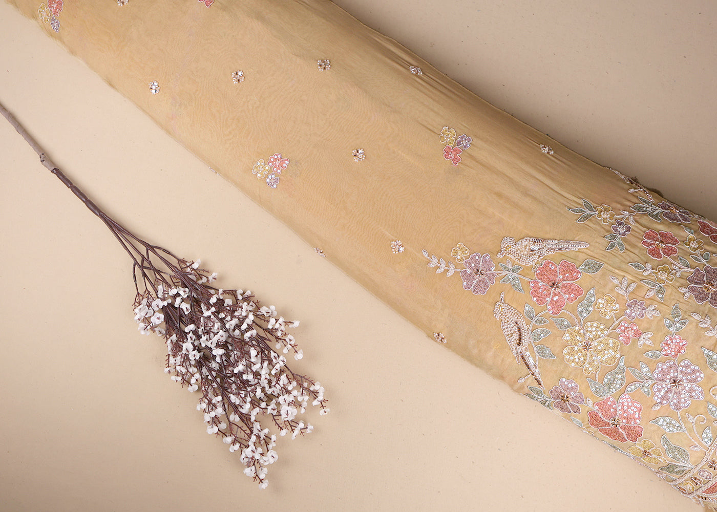 Pastel Yellow Organza Fabric With All Over Thread, Sequins And Katdana Work With One Side Scalloped Border 19385
