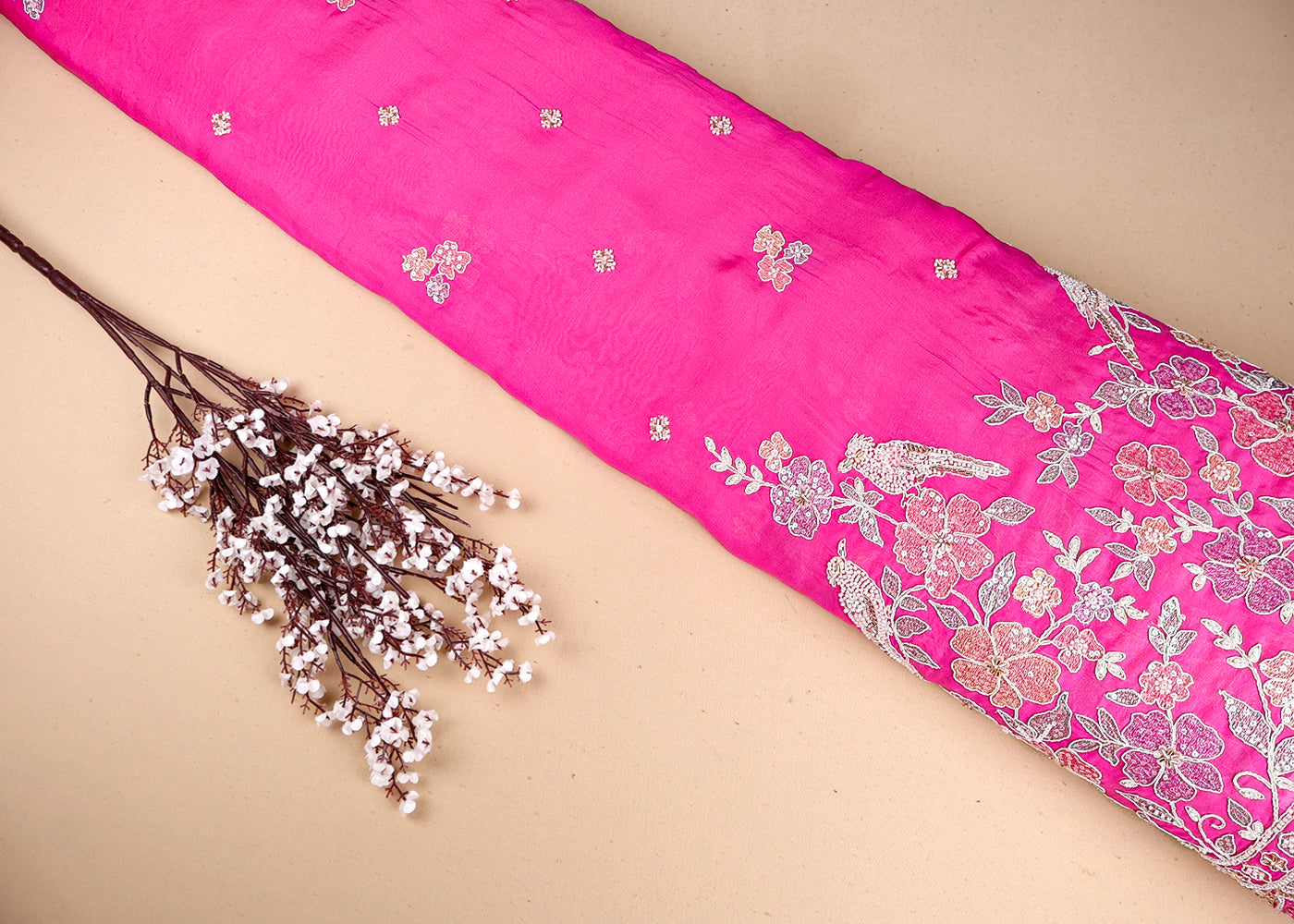 Pink Organza Fabric With All Over Thread, Sequins And Katdana Work With One Side Scalloped Border 19386