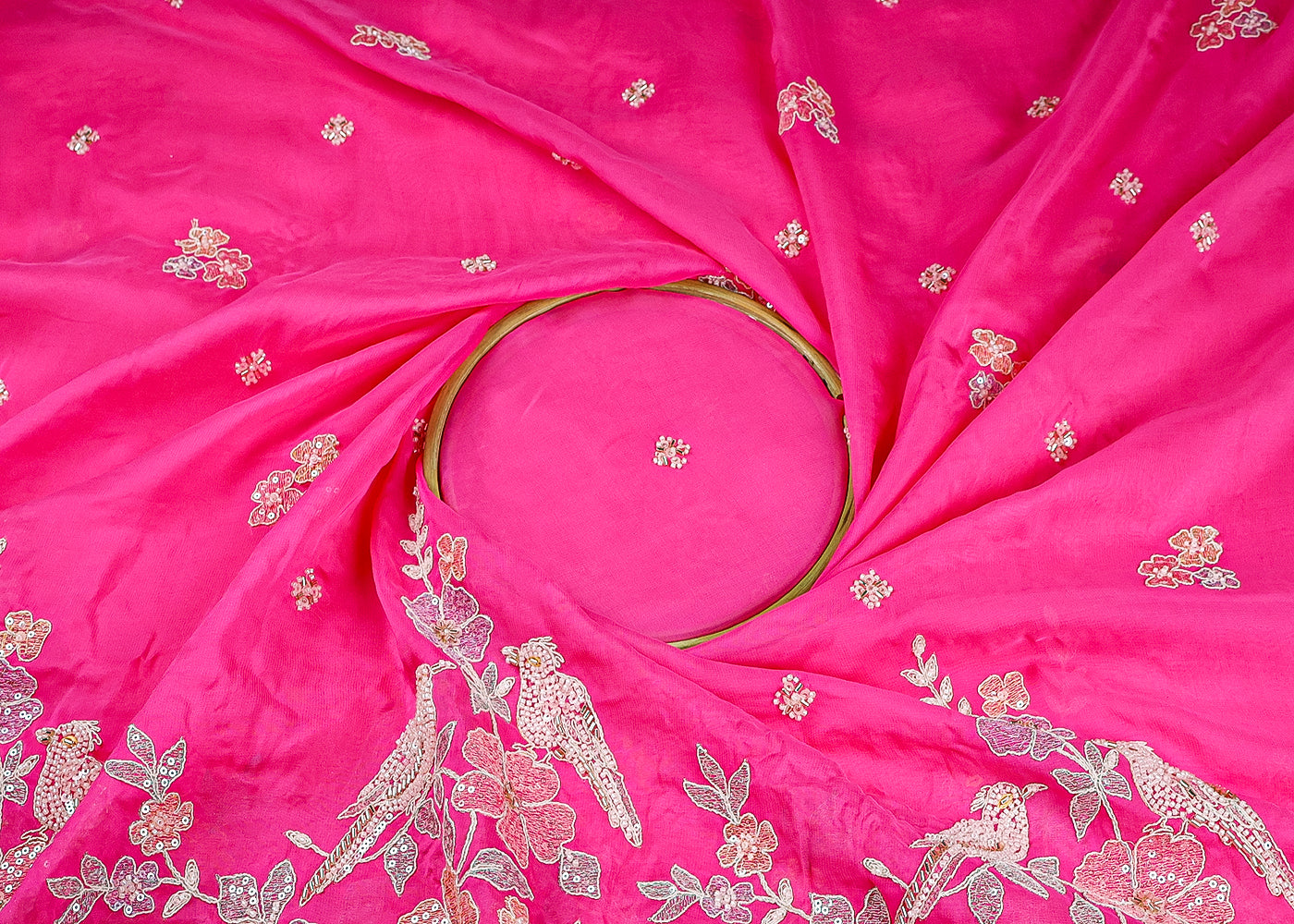 Pink Organza Fabric With All Over Thread, Sequins And Katdana Work With One Side Scalloped Border 19386