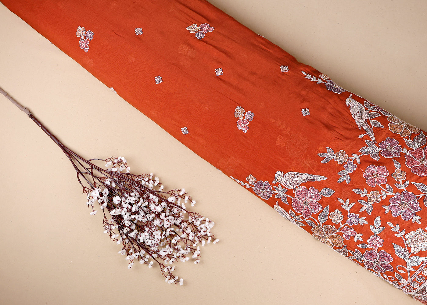 Rust Orange Organza Fabric With All Over Thread, Sequins And Katdana Work With One Side Scalloped Border 19387