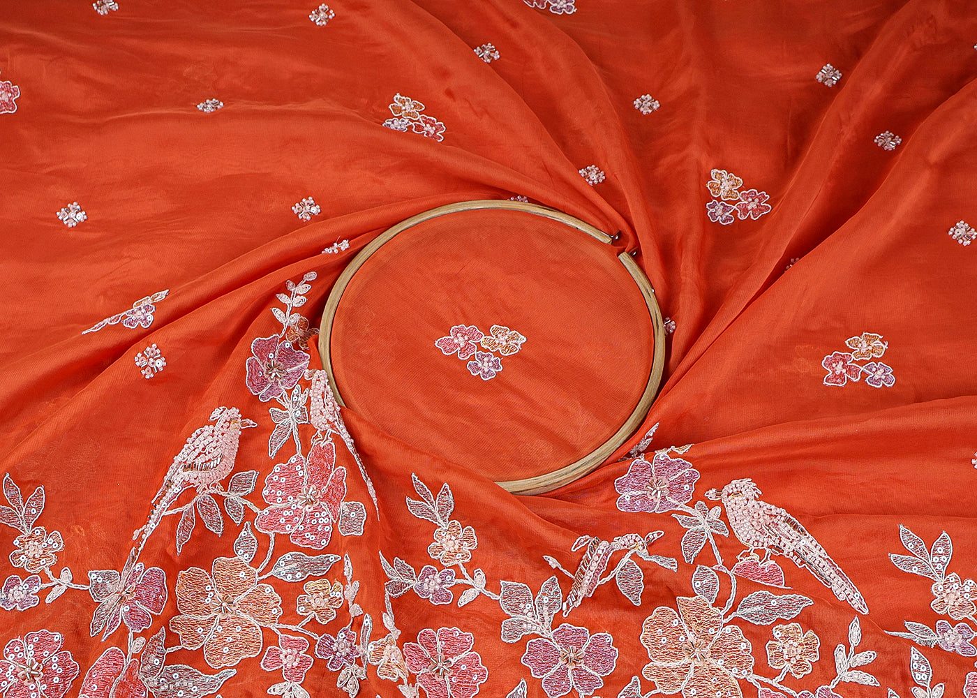 Rust Orange Organza Fabric With All Over Thread, Sequins And Katdana Work With One Side Scalloped Border 19387