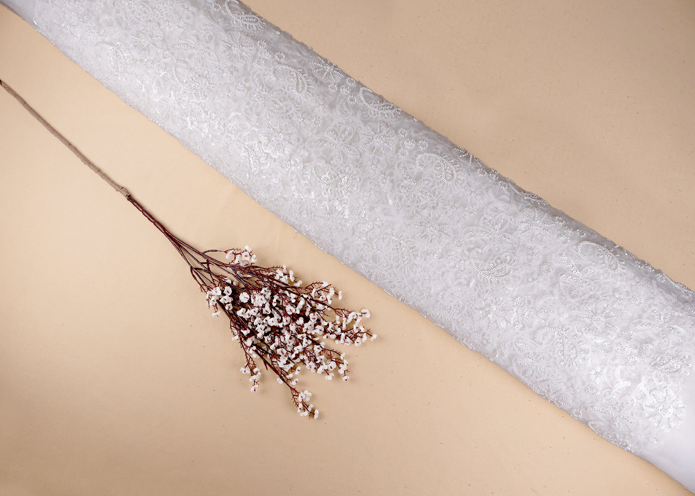 White Imported Net Fabric With All Over Sequins And Bead Work 19388