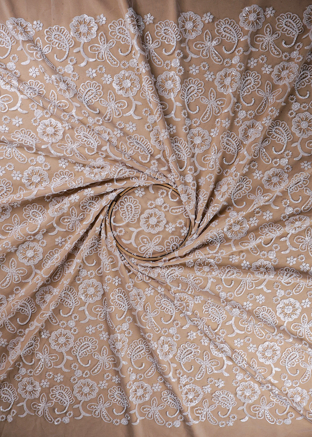 White Imported Net Fabric With All Over Sequins And Bead Work 19388