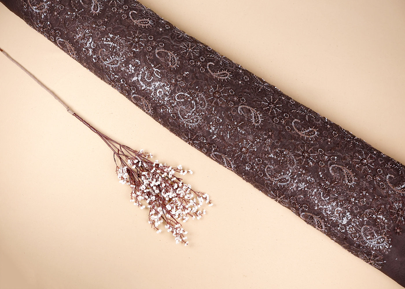 Golden Imported Net Fabric With All Over Sequins And Bead Work 19389