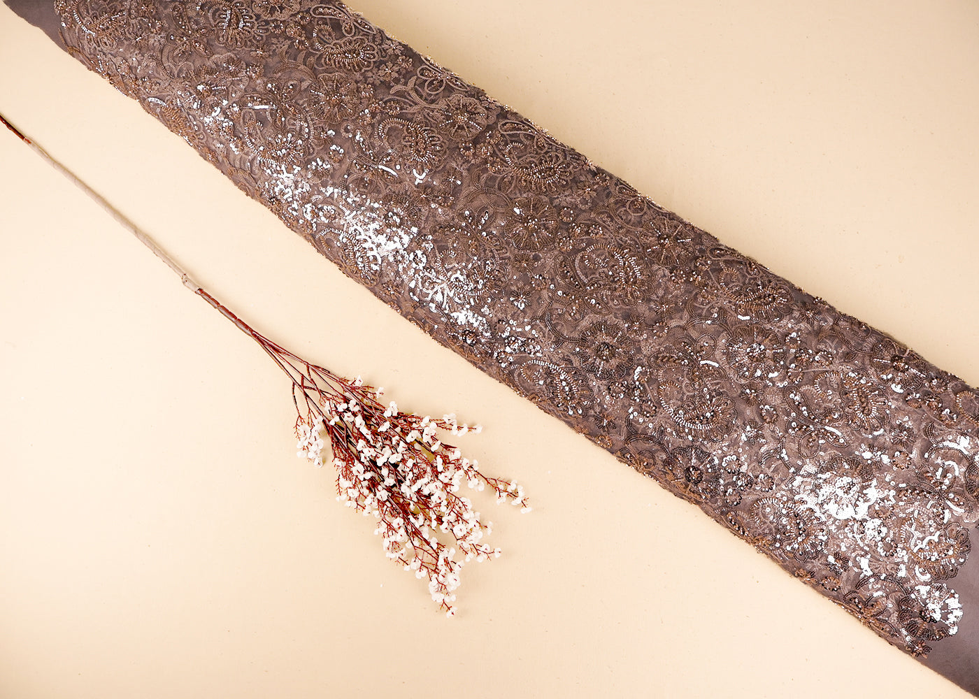 Golden Imported Net Fabric With All Over Sequins And Bead Work 19389