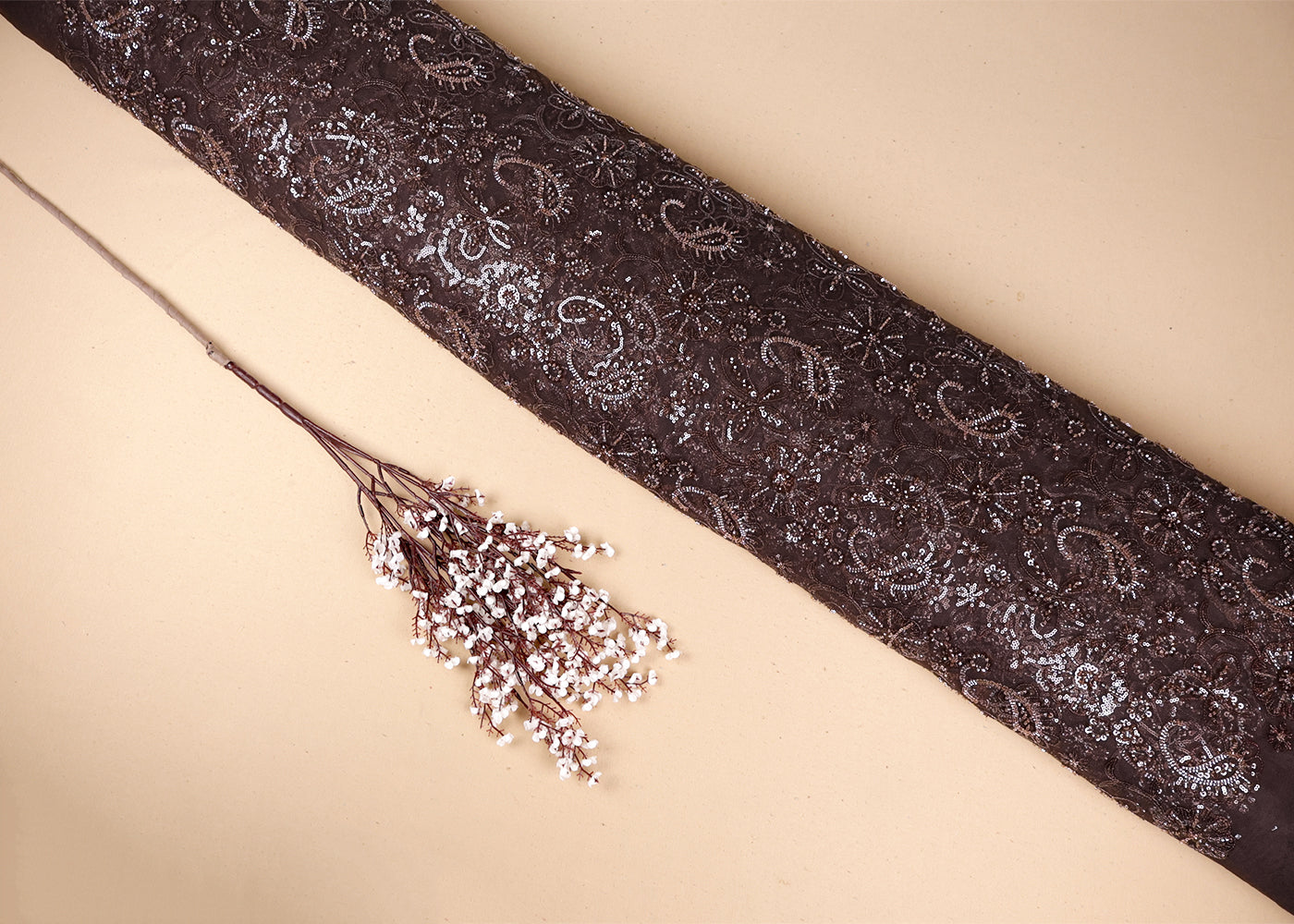 Brown Imported Net Fabric With All Over Sequins And Bead Work 19390
