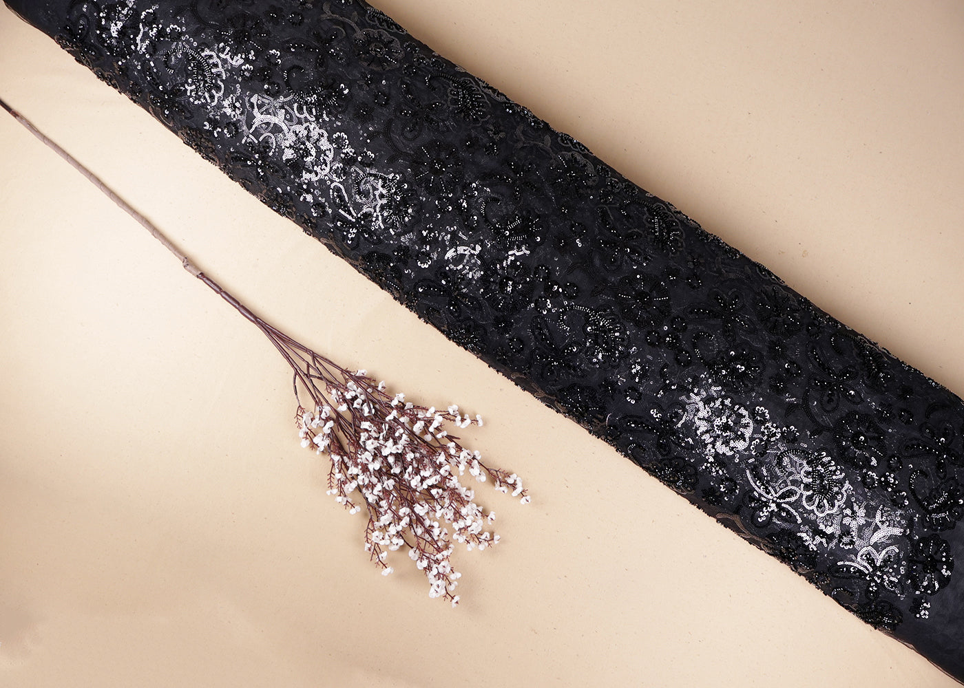 Black Imported Net Fabric With All Over Sequins And Bead Work 19391