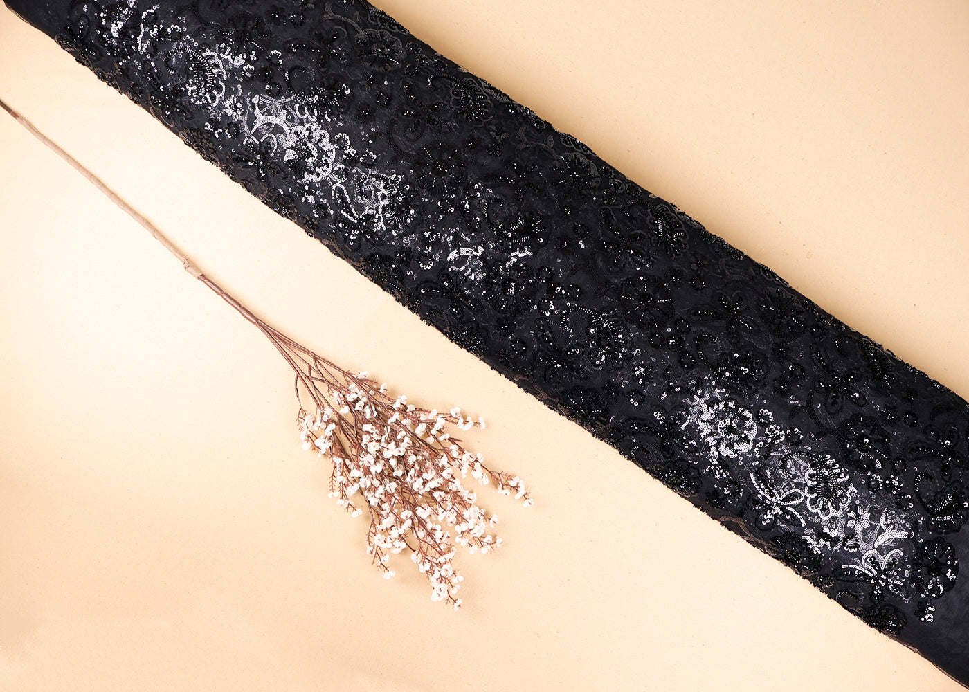 Black Imported Net Fabric With All Over Sequins And Bead Work 19391