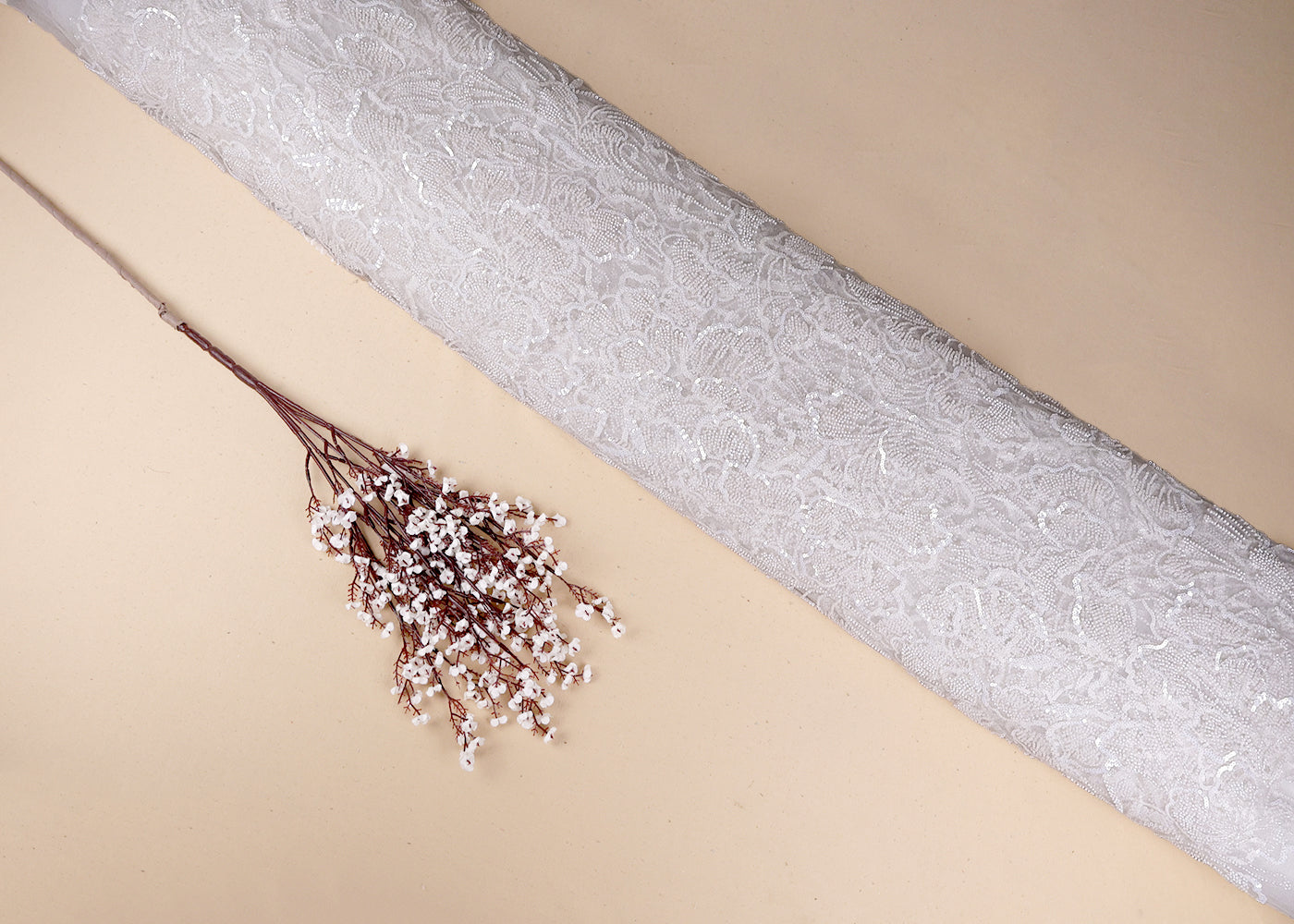 White Imported Net Fabric With All Over Sequins And Bead Work 19392