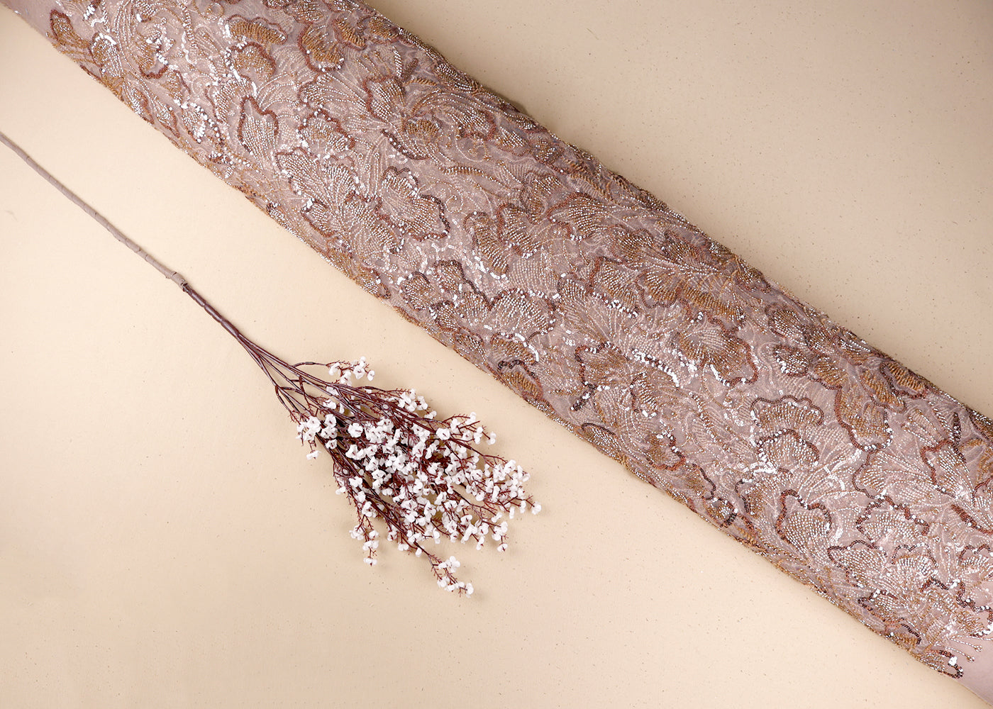 Gold Imported Net Fabric With All Over Sequins And Bead Work 19393