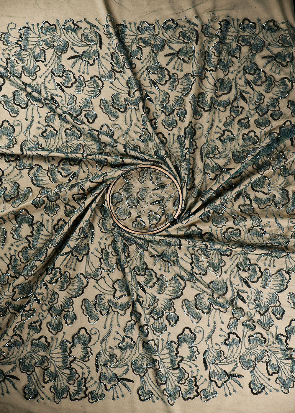 Green Imported Net Fabric With All Over Sequins And Bead Work 19394