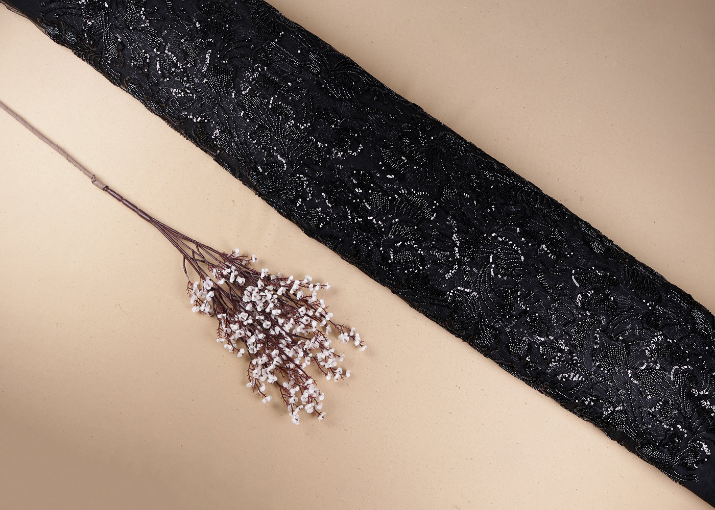Black Imported Net Fabric With All Over Sequins And Bead Work 19395