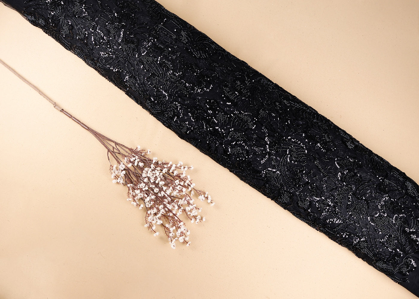 Black Imported Net Fabric With All Over Sequins And Bead Work 19395