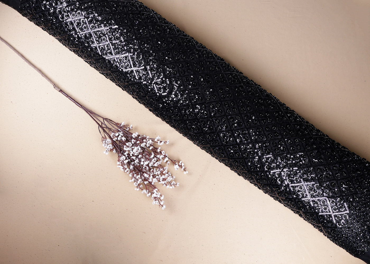 Black Imported Net Fabric With All Over Sequins And Bead Work 19400