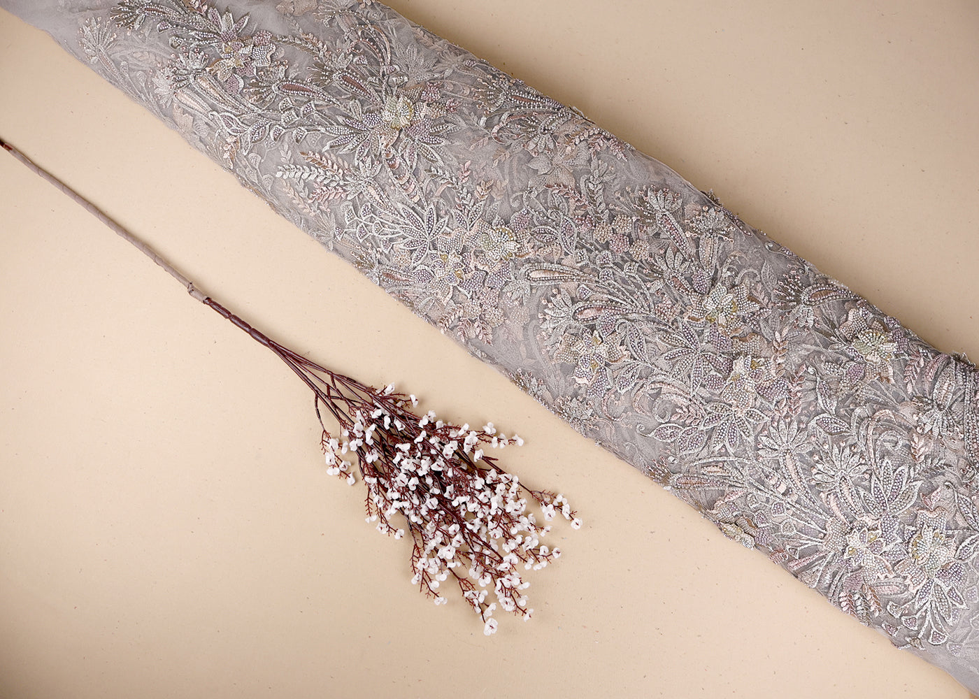 Grey Imported Net Fabric With All Over Applique, Thread And Bead Work 19401