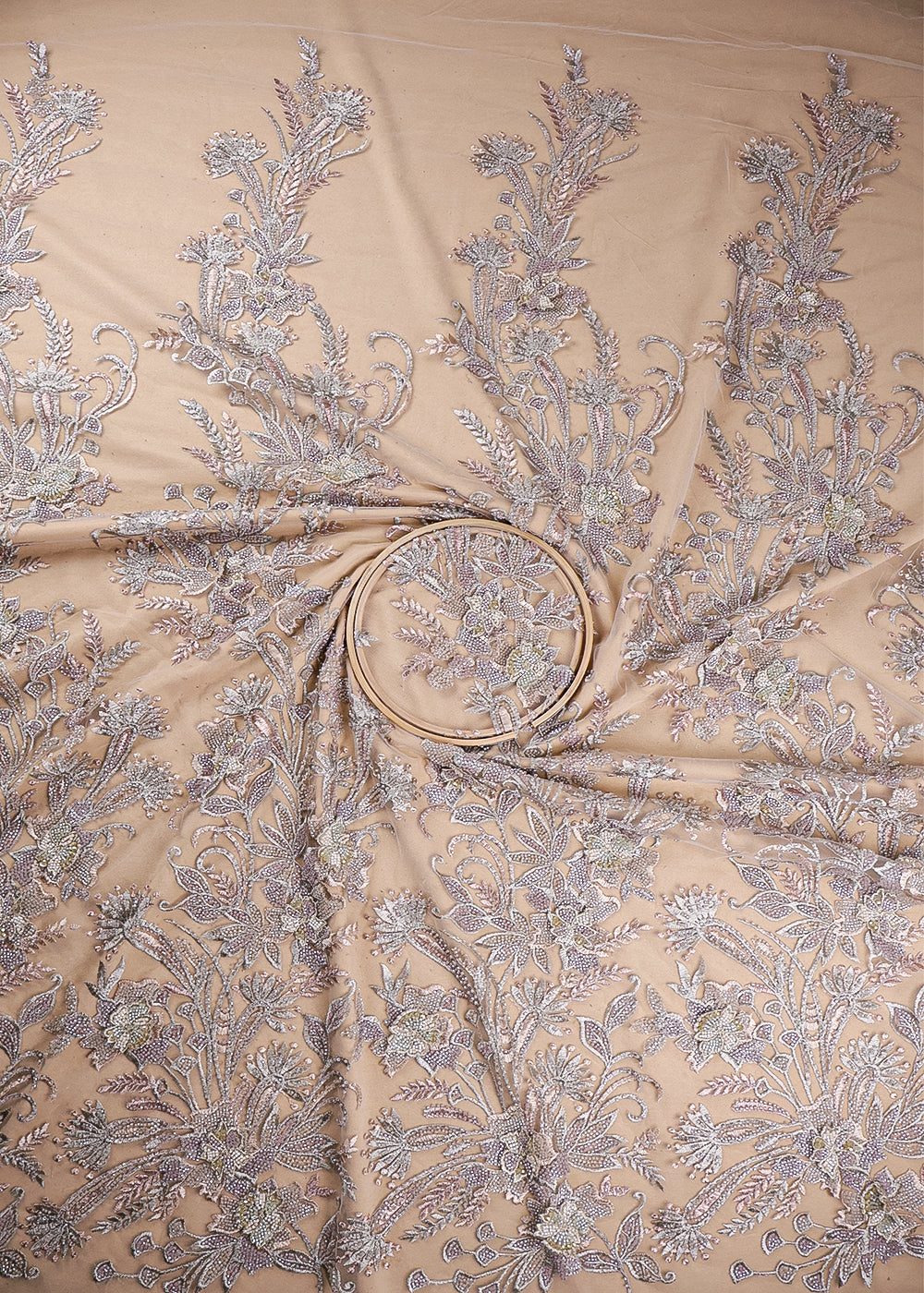 Grey Imported Net Fabric With All Over Applique, Thread And Bead Work 19401