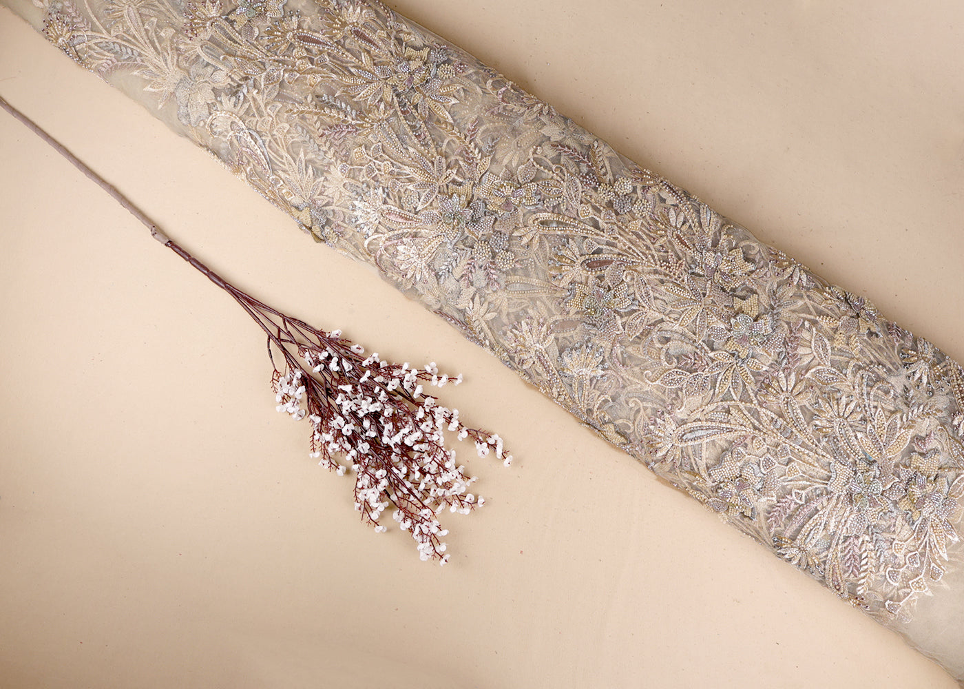 Cream Imported Net Fabric With All Over Applique, Thread And Bead Work 19402
