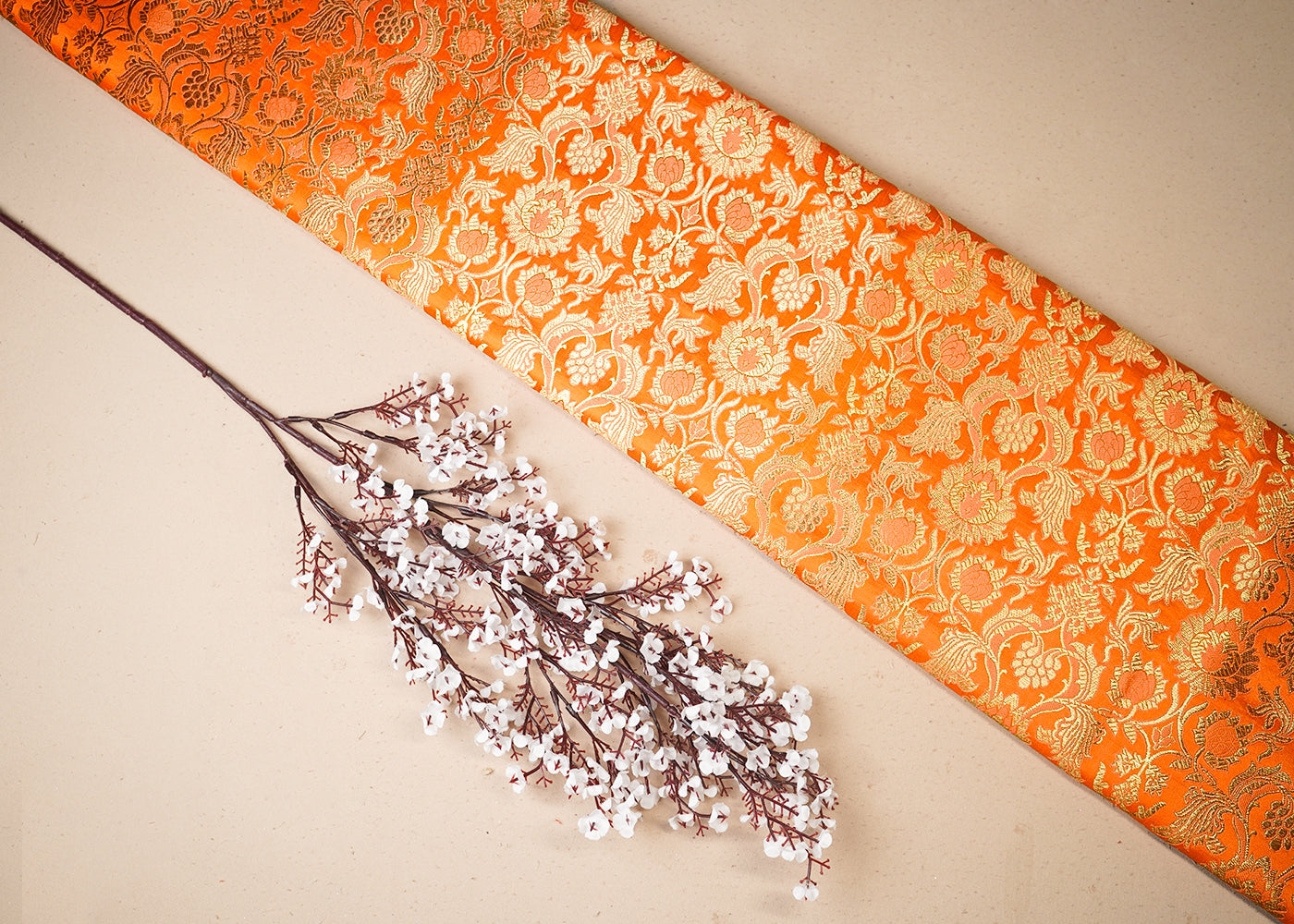 Orange Banarasi Brocade Fabric With All Over Thread And Golden Zari Handloom 19502