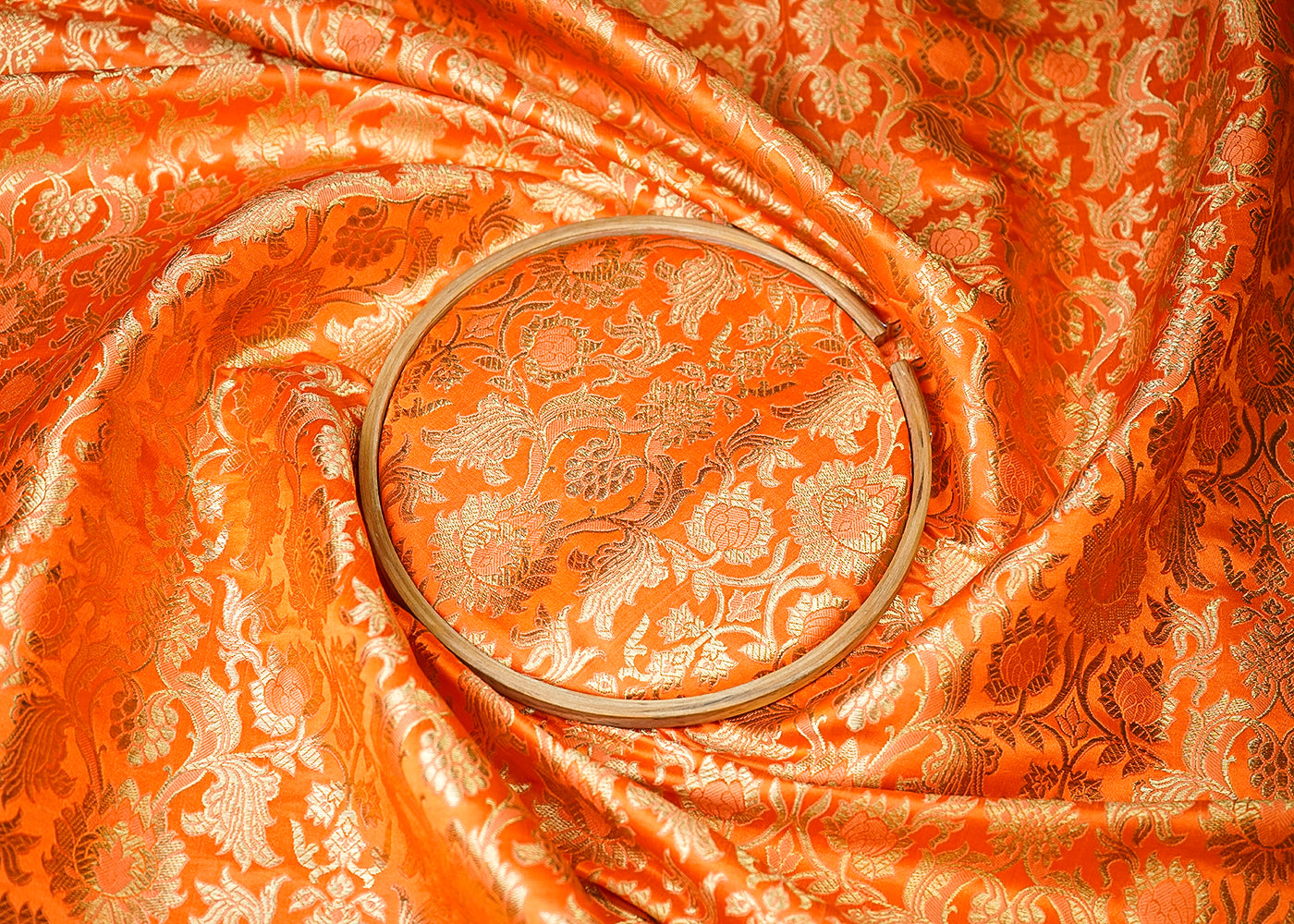 Orange Banarasi Brocade Fabric With All Over Thread And Golden Zari Handloom 19502