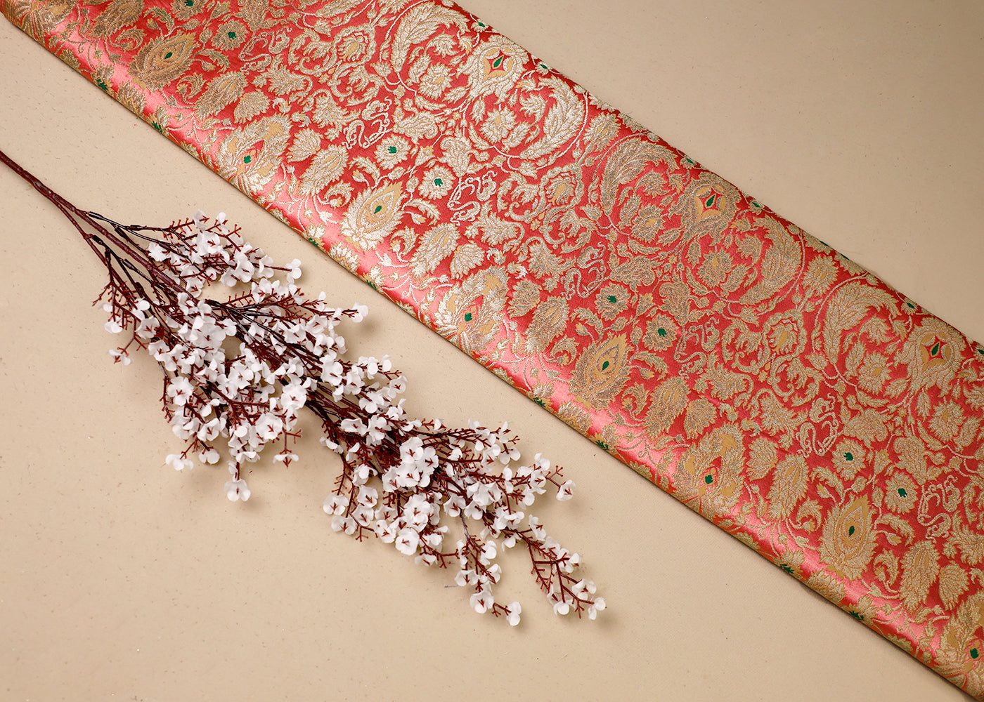 Peach   Banarasi Brocade Fabric With All Over Thread And Golden Zari Handloom 19407