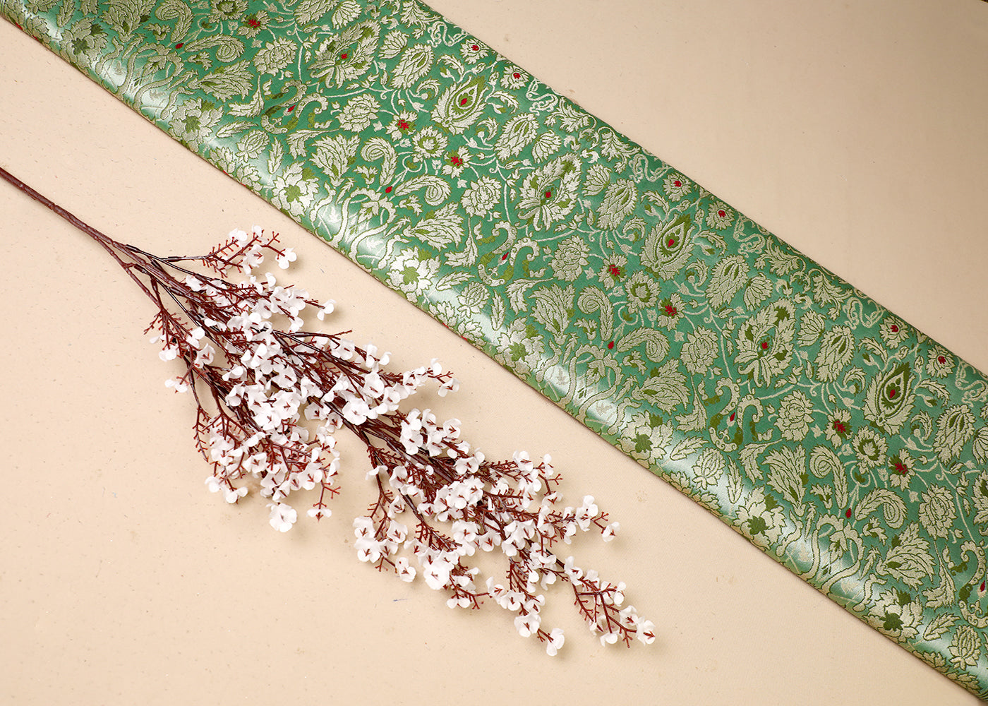 Green Banarasi Brocade Fabric With All Over Thread And Golden Zari Handloom 19408