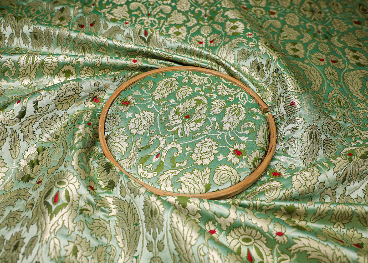 Green Banarasi Brocade Fabric With All Over Thread And Golden Zari Handloom 19408