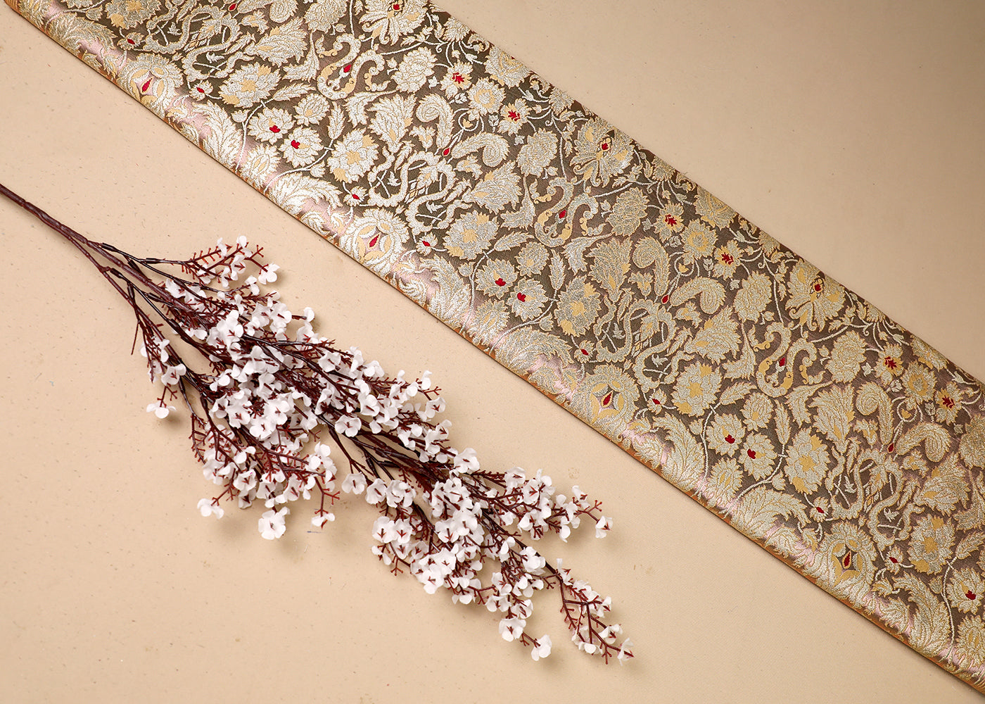Blush Pink Banarasi Brocade Fabric With All Over Thread And Golden Zari Handloom 19409