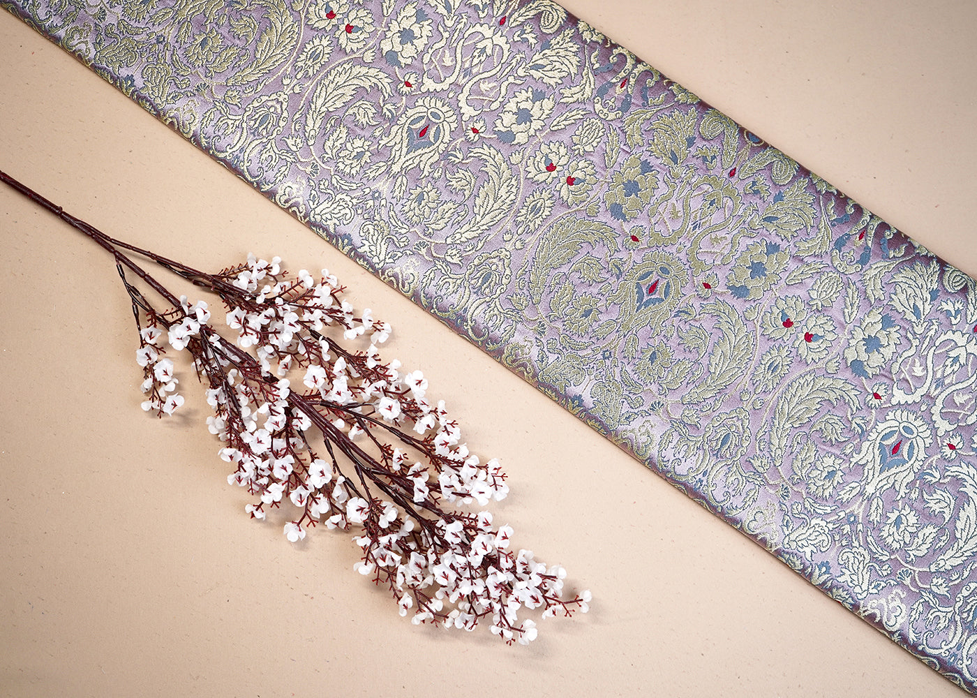 Lavender Banarasi Brocade Fabric With All Over Thread And Golden Zari Handloom 19410