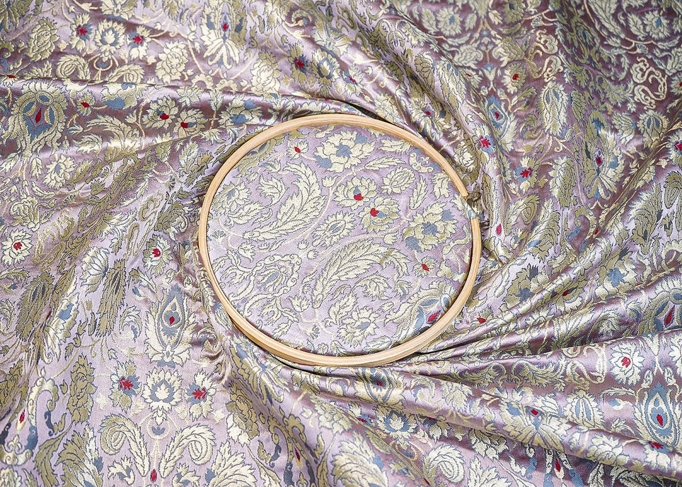 Lavender Banarasi Brocade Fabric With All Over Thread And Golden Zari Handloom 19410