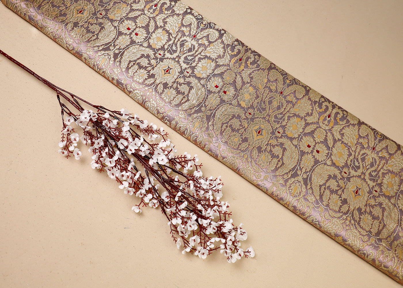Lilac Banarasi Brocade Fabric With All Over Thread And Golden Zari Handloom 19411