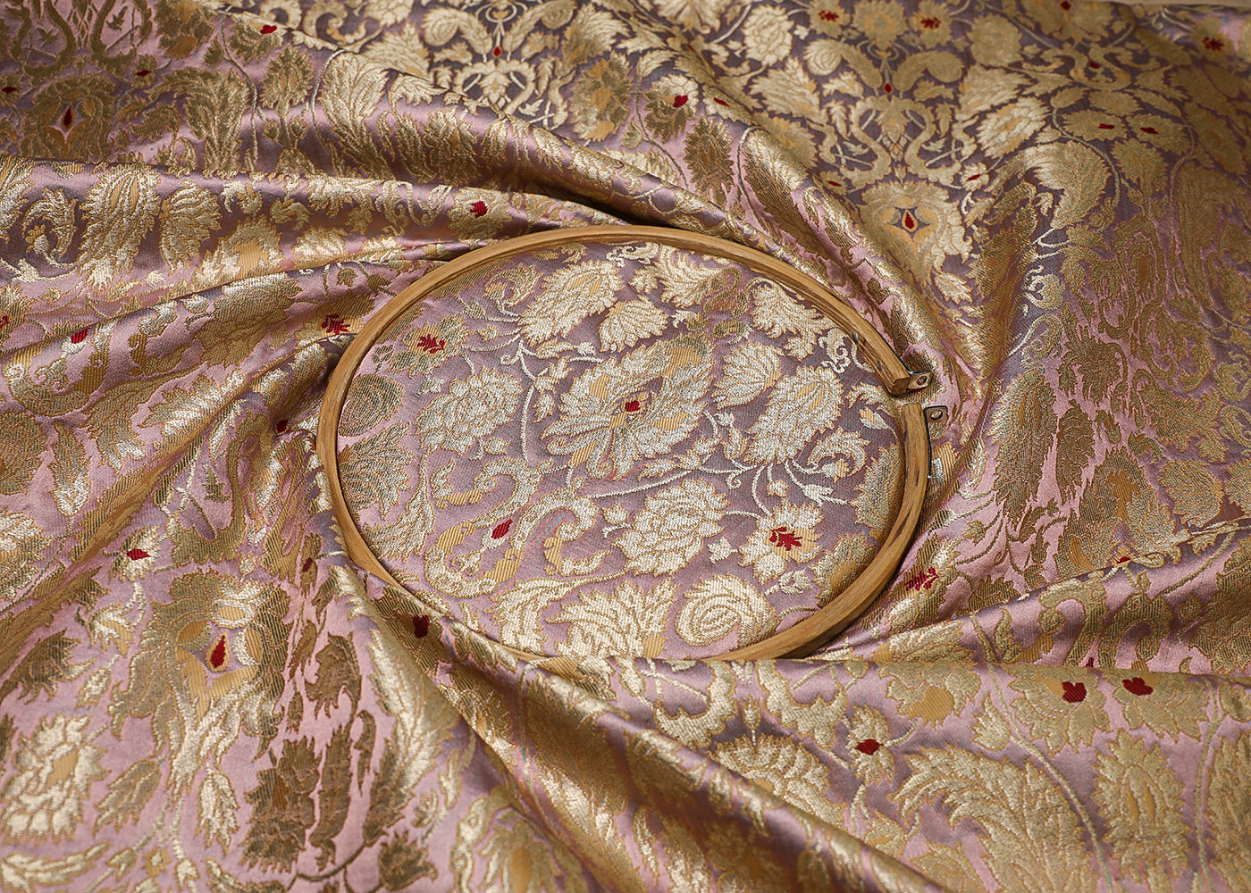 Lilac Banarasi Brocade Fabric With All Over Thread And Golden Zari Handloom 19411