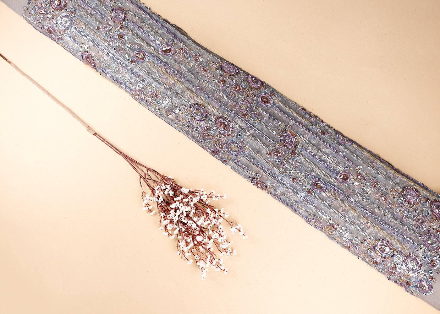 Beige Imported Net Fabric With All Over Bead And Sequins Work 19413