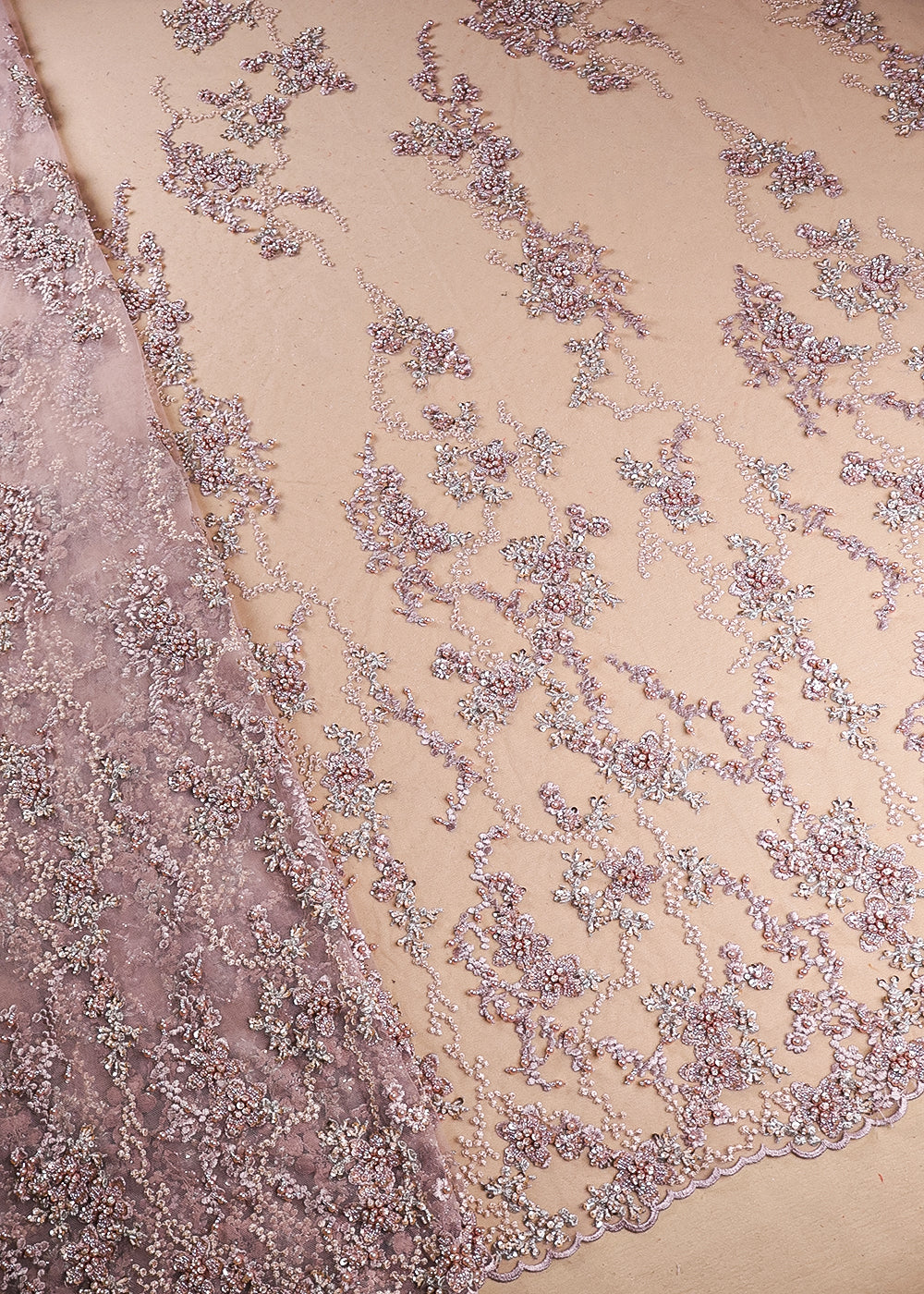 Peach Imported Net Fabric With All Over Thread, Bead And Sequins Work 19415