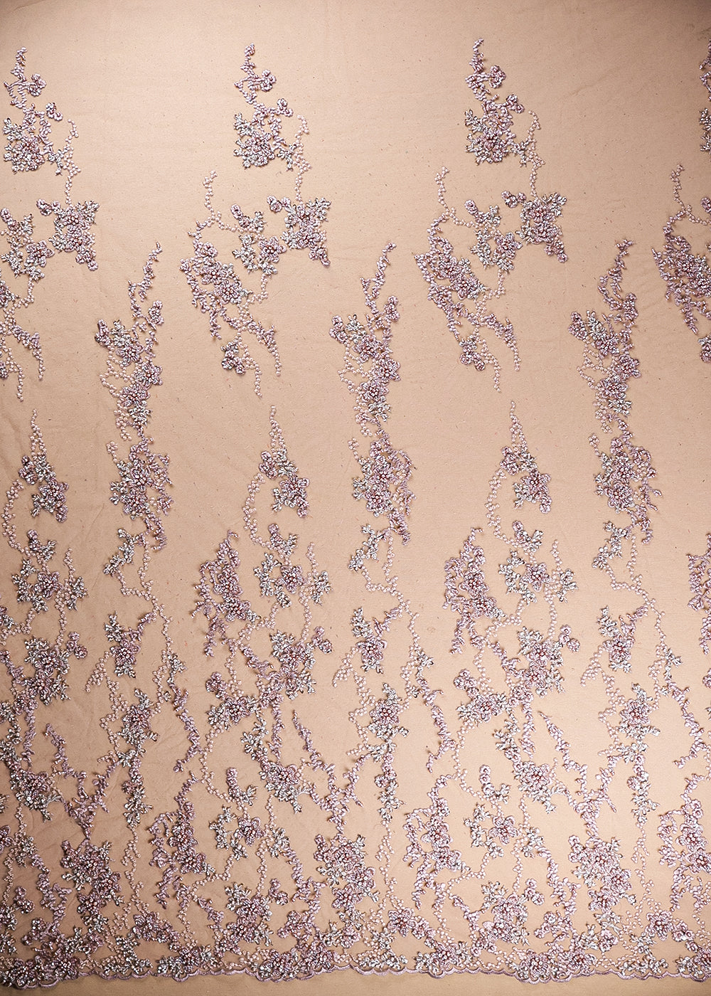 Peach Imported Net Fabric With All Over Thread, Bead And Sequins Work 19415