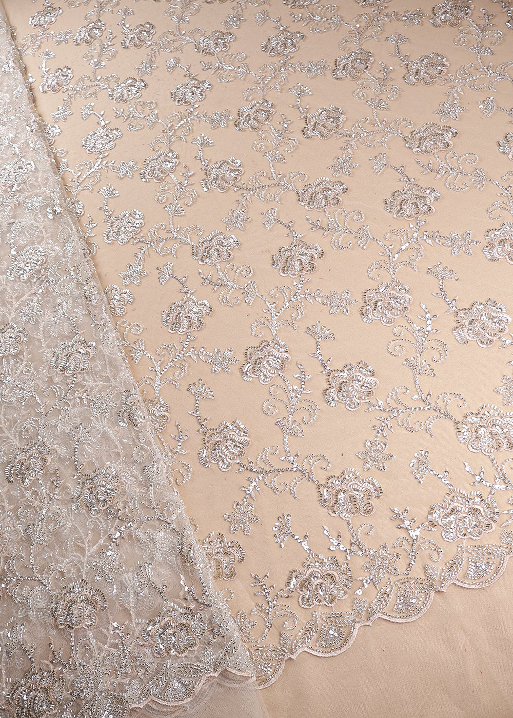Cream Imported Net Fabric With All Over Thread, Bead And Katdana Work 19416