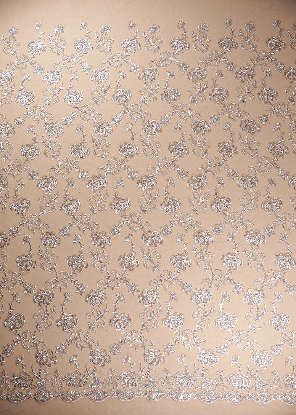 Cream Imported Net Fabric With All Over Thread, Bead And Katdana Work 19416