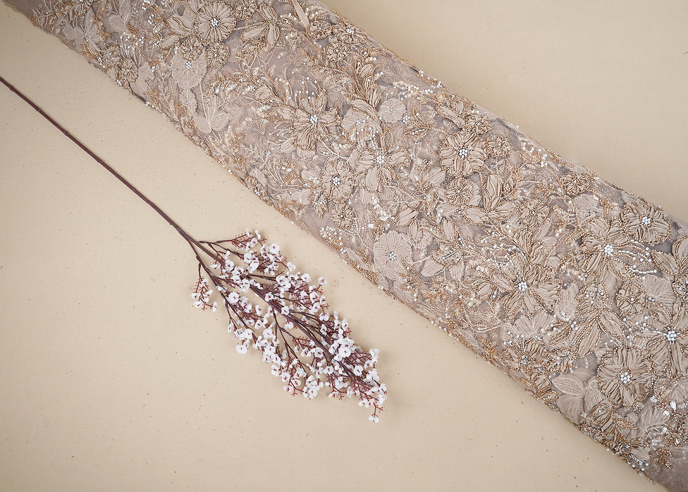 Gold Imported Net Fabric With All Over Katdana, Bead, Sequins And Ribbon Work 19417