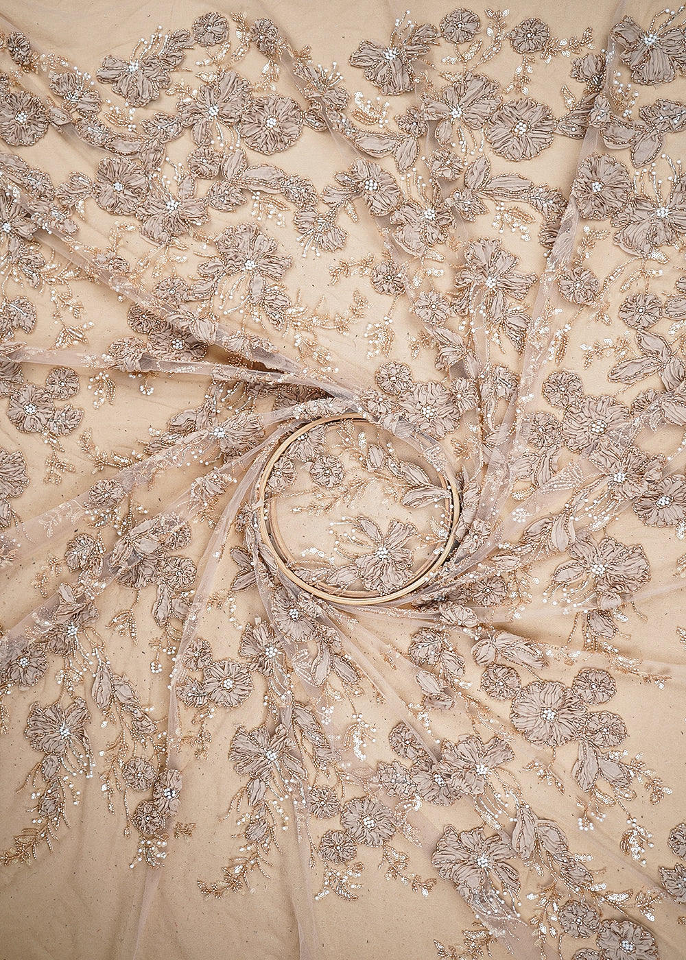 Gold Imported Net Fabric With All Over Katdana, Bead, Sequins And Ribbon Work 19417