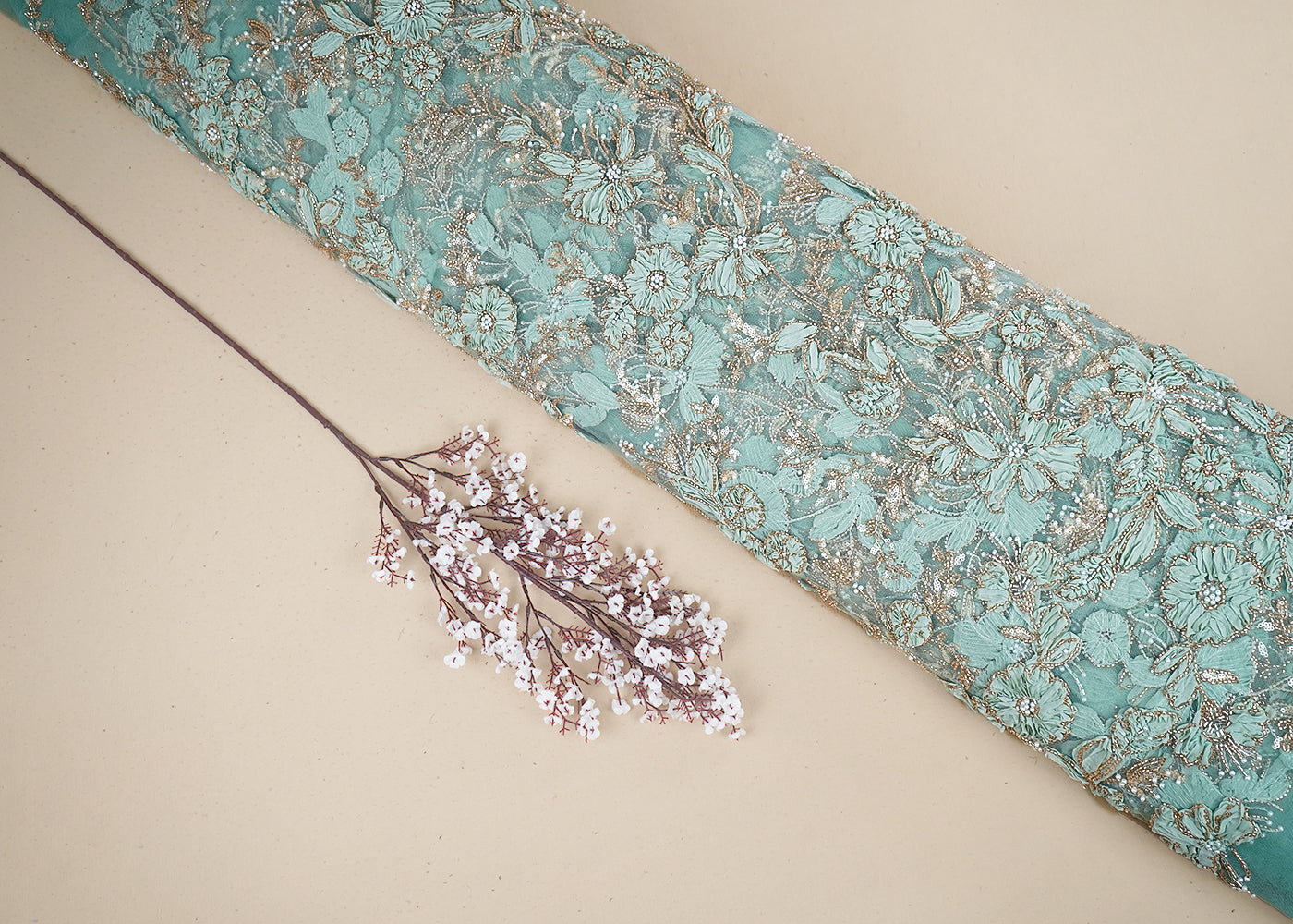 Light Blue Imported Net Fabric With All Over Katdana, Bead, Sequins And Ribbon Work 19418