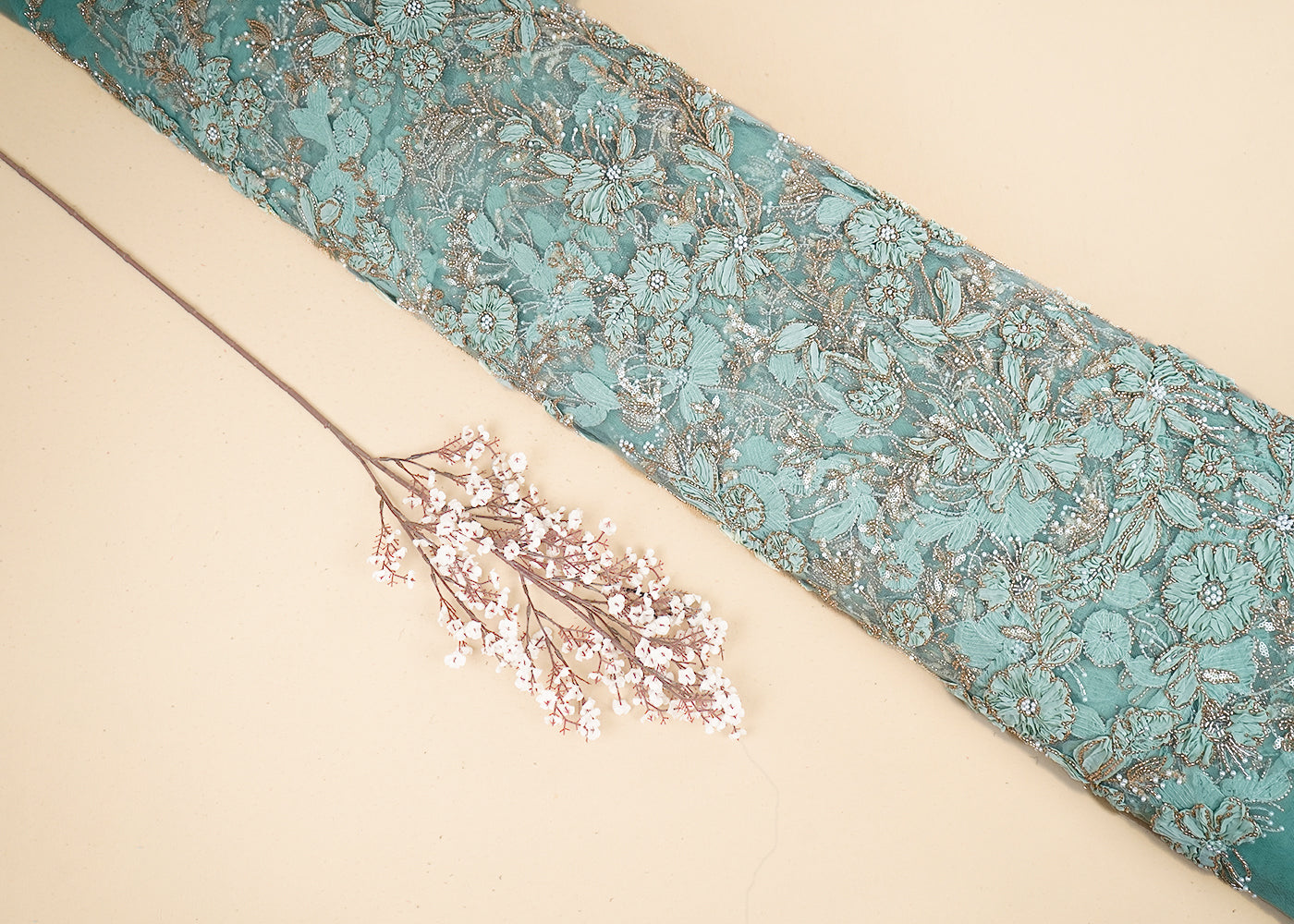 Light Blue Imported Net Fabric With All Over Katdana, Bead, Sequins And Ribbon Work 19418