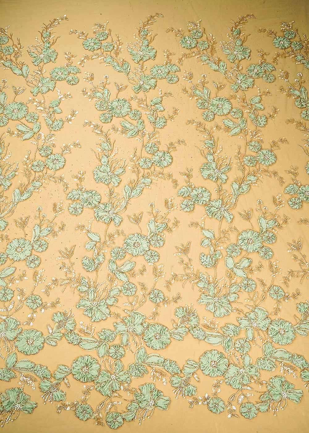 Pista Green Imported Net Fabric With All Over Katdana, Bead, Sequins And Ribbon Work 19418