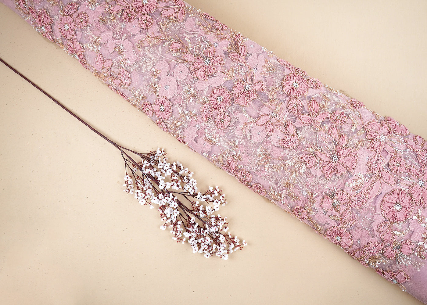 Light Pink Imported Net Fabric With All Over Katdana, Bead, Sequins And Ribbon Work 19419