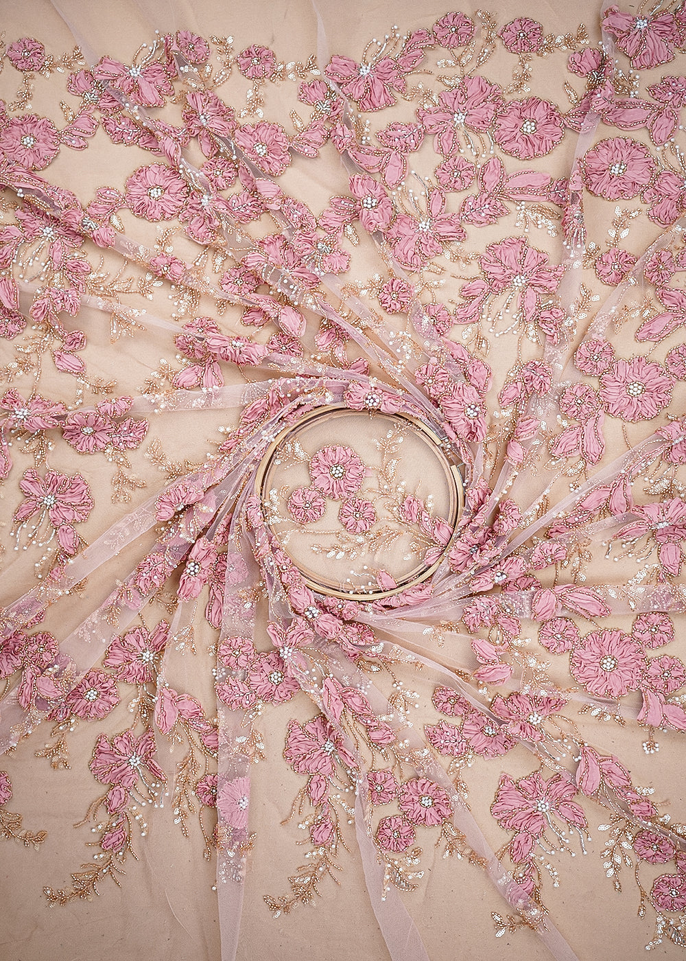 Light Pink Imported Net Fabric With All Over Katdana, Bead, Sequins And Ribbon Work 19419